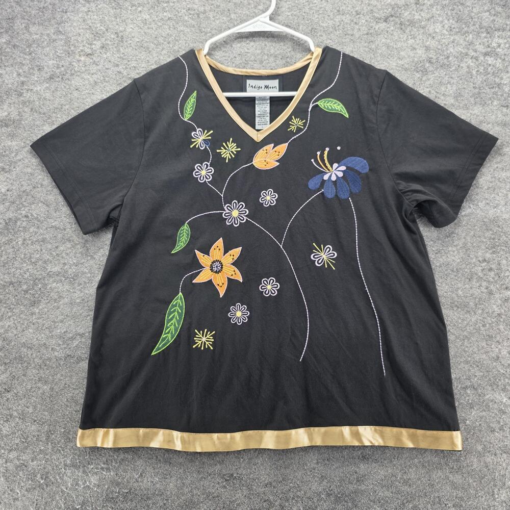 Indigo Moon Shirt Womens Large Black Floral Embroidered Gold Trim QVC Style NWT